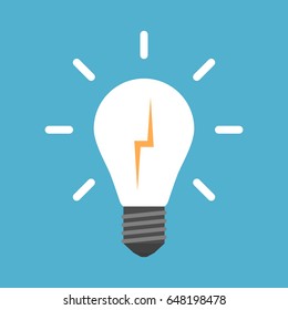 Lightning in white glowing light bulb isolated on blue background. Creativity, education and solution concept. Flat design. Vector illustration. EPS 8, no transparency