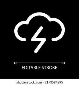 Lightning white linear ui icon for dark theme. Weather forecast and prediction. Vector line pictogram. Isolated user interface symbol for night mode. Editable stroke. Arial font used