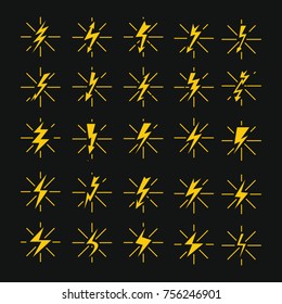 Lightning yellow bolts icons set. Thunderbolt and storm power vector illustration isolated on black background