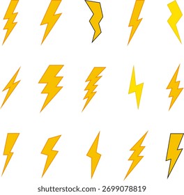 Símbolo de icono amarillo relámpago. Icono de choque Thunderbolt colección. Un rayo amarillo estalló, gritando. Flashes eléctricos energéticos para efectos de potencia, velocidad, peligro o acción. Conjunto de iconos vectoriales aislados.