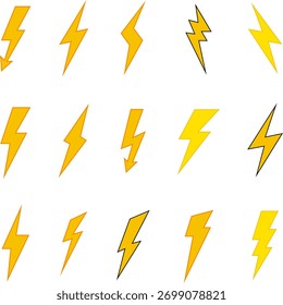 Lightning Yellow Icon Symbol. Thunderbolt shock icon collection. Yellow lightning burst, shouting. Energetic electric flashes for  power, speed, danger or action effects. Isolated vector icons set.