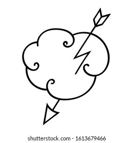 Сloud with lightning.Drawn design element in doodle style. Isolated vector object on a white background. Sketch for business project, infographics, meteorology icon.