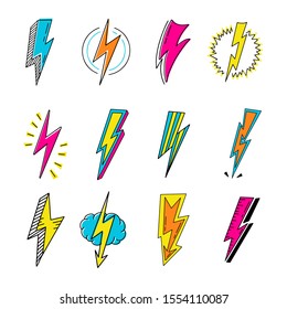 Lightnings color cartoon retro vector illustrations set. Pop art thunderbolts isolated pack. Electric power, danger signs on white background. Thunderstorm, flash comic design elements collection