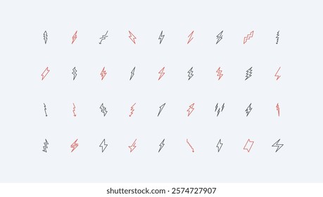 Lightnings of different shape, instant bolt of energy strike and electric charge line icon set. Electricity and battery recharge sign, arrow thin black and red outline symbols vector illustration