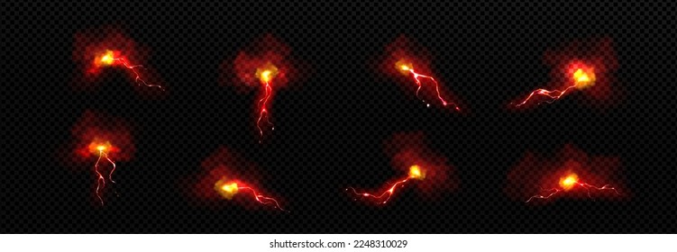 Lightnings, electric thunder bolts in storm clouds at night. Yellow thunderstorm discharges, sparking light impacts and smoke isolated on dark transparent background, vector realistic set