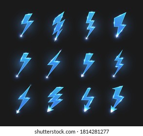 Lightnings icons isolated vector zigzag arrows, electric strike or flashes with glowing sparks. Warning sign for dangerous voltage, thunderstorm, battery charge symbols, lightnings on black background