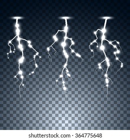 Lightnings on transparent background. Vector illustration.