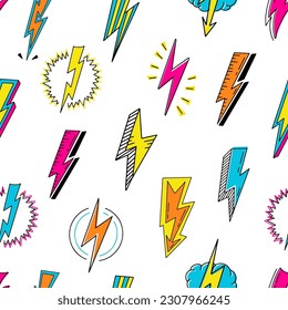 Lightnings in pop-art style on a white background. Vector seamless pattern. 