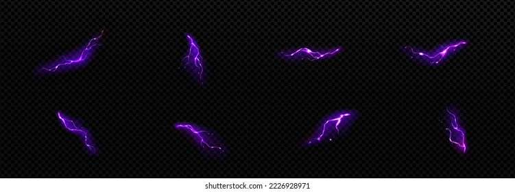 Lightnings, purple thunderbolt strikes at night. Electric impact effects, thunderstorm sparking discharges isolated on transparent background, vector realistic illustration