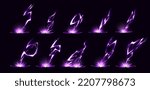 Lightnings, purple thunderbolts hit ground isolated on black background. Sparking electric strikes, storm discharges, lightning attack effect, vector cartoon illustration,