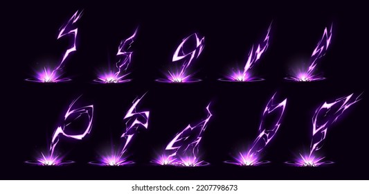 Lightnings, purple thunderbolts hit ground isolated on black background. Sparking electric strikes, storm discharges, lightning attack effect, vector cartoon illustration,