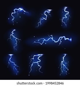 Lightnings realistic. Thunder light sparks, storm flash, thunderstorm blitz. Power energy charge, electric voltage symbols, blue glowing symbol, vector isolated on black background set