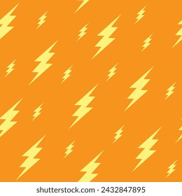 Lightnings seamless pattern, yellow thunderstorm on orange background.