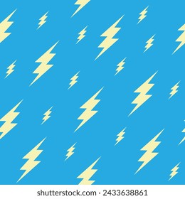 Lightnings seamless pattern, yellow thunderstorm on blue background.