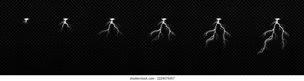 Lightnings strikes animation sprite sheet, thunderbolt sequence frame vfx effect. Realistic vector set of white electric thunder impact at night, sparking discharge hit isolated on black background