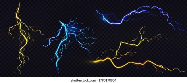 Lightnings, thunderbolt strikes during storm at night. Vector realistic set of blue and yellow electric impact, sparking discharge of thunderstorm isolated on dark transparent background