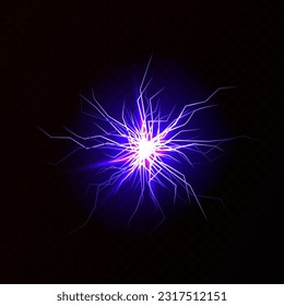 Lightnings, thunderbolt strikes isolated. Ground cracks with light inside. Powerful electrical discharge, Realistic 3d vector bolts set isolated on black background