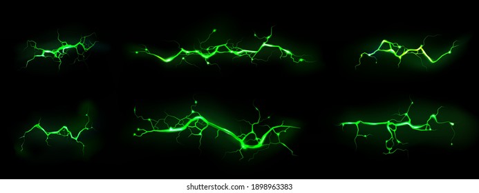 Lightnings, thunderbolt strikes isolated on black background. Vector realistic set of horizontal ground cracks with magic green glow. Electric impact, sparking discharge of thunderstorm at night