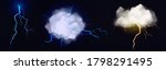 Lightnings, thunderbolt strikes from storm clouds at night. Vector realistic set of blue and yellow electric impacts in sky, sparking discharge of thunderstorm isolated on dark transparent background