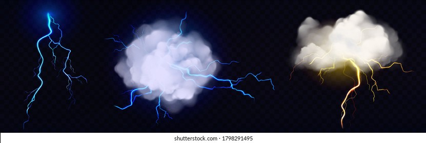 Lightnings, thunderbolt strikes from storm clouds at night. Vector realistic set of blue and yellow electric impacts in sky, sparking discharge of thunderstorm isolated on dark transparent background