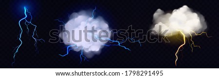 Lightnings, thunderbolt strikes from storm clouds at night. Vector realistic set of blue and yellow electric impacts in sky, sparking discharge of thunderstorm isolated on dark transparent background