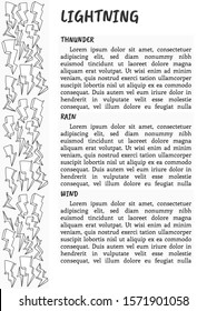 Lightnings vector banner in doodle and sketch style. Hand drawn poster for printing, postcard, card and brochure.