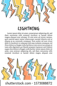 Lightnings vector banner in doodle and sketch style. Hand drawn poster for printing, postcard, card and brochure.