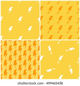 Lightnings vector yellow seamless patterns set. Background for storm weather illustration