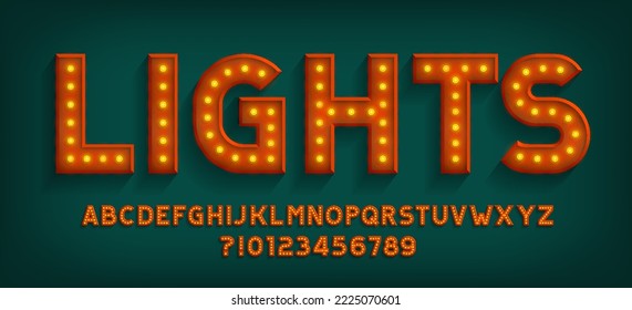 Lights alphabet font. Light bulb retro letters and numbers. Stock vector typeset for your design.