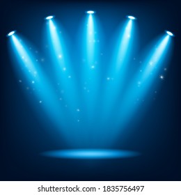 Lights awards stage ceremony with round winner podium. Spotlights illuminate. Vector illustration. 