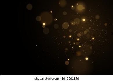 Lights bokeh on a black background. Glares with flying glowing particles. Ligh gold effect. Vector illustration. EPS 10