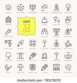 Lights, bulb- outline web icon set, vector, thin line icons collection