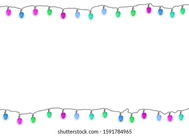 Lights bulbs banner. Glowing multicolor Christmas garlands string. Vector illustrayion. New Year.