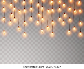 Borde de bombillas aisladas en un fondo transparente. Colas verticales de guirnaldas de Navidad brillantes, decoraciones de fiestas o carnaval en las calles. Elementos decorativos de la fiesta de Año Nuevo vectorial