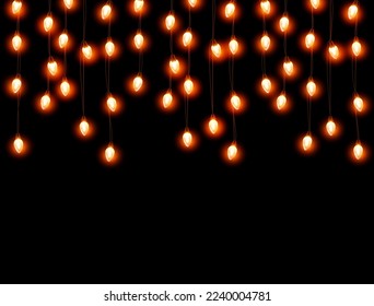 Lights bulbs border isolated on black background. Glowing yellow Christmas vertical garland strings, festival or carnival street decorations. Vector New Year party decor elements
