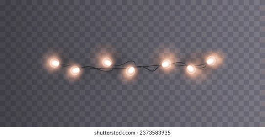 Lights bulbs border isolated on transparent background. Glowing white fairy Christmas garland string. Vector New Year party led lamps decoration