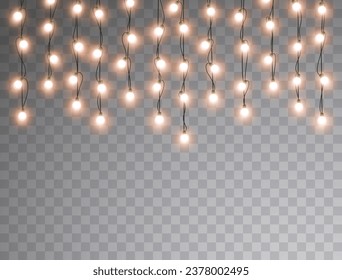 Lights bulbs border isolated on transparent background. Glowing vertical fairy Christmas garland strings. Vector New Year party led lamps decorations