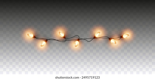 Lights bulbs border isolated on transparent background. Glowing fairy Christmas garland string. Vector New Year party led lamps decoration