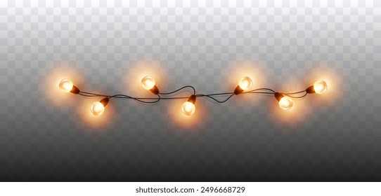 Borde de las bombillas aisladas sobre fondo transparente. Cadena de guirnalda de Navidad de hadas brillantes. Vector Año Nuevo fiesta led lámparas decoración