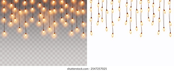 Borde de las bombillas aisladas sobre fondos transparentes y blancos. Cuerdas de guirnalda de Navidad de hada de Vertical brillante. Vector Año Nuevo fiesta led lámparas decoraciones
