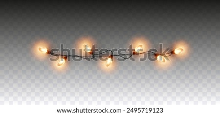 Lights bulbs border isolated on transparent background. Glowing fairy Christmas garland string. Vector New Year party led lamps decoration