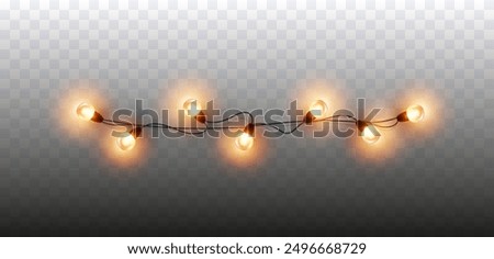 Lights bulbs border isolated on transparent background. Glowing fairy Christmas garland string. Vector New Year party led lamps decoration