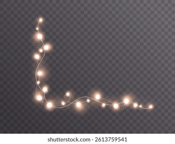 Lights bulbs for corner isolated on transparent background. Glowing fairy Christmas garland string. Vector New Year party led lamps decoration