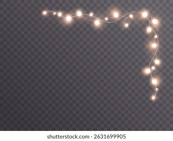 Lights bulbs for corner isolated on transparent background. Glowing fairy Christmas garland string. Vector New Year party led lamps decoration