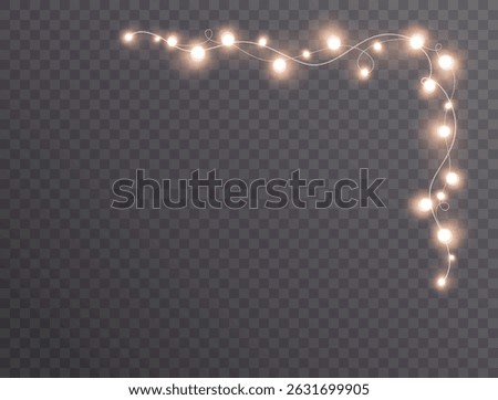 Lights bulbs for corner isolated on transparent background. Glowing fairy Christmas garland string. Vector New Year party led lamps decoration
