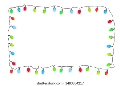 Lights bulbs frame. Glowing multicolor Christmas garlands string. Vector illustrayion. New Year.