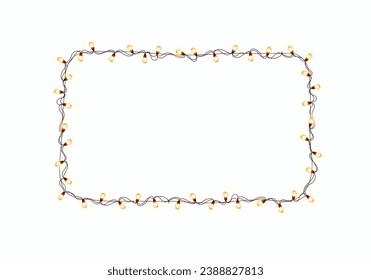Lights bulbs frame isolated on white background. Glowing fairy Christmas garland string border. Vector New Year party led lamps decoration
