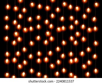 Lights bulbs isolated on black background. Glowing yellow Christmas vertical garland strings, festival or carnival street decorations. Vector New Year party decor elements
