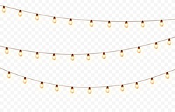 Lights Bulbs Isolated On Transparent Background. Glowing Fairy Christmas Garland Strings. Vector New Year Party Led Lamps Decorations