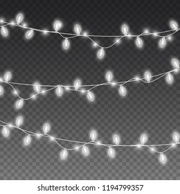 Lights bulbs isolated on transparent background. Glowing white Christmas garlands string. Vector New Year party lights decorations. 